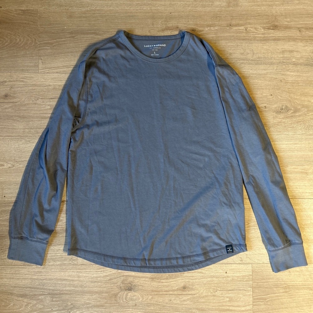 Lucky Brand Mens Long Sleeve T-Shirt Blue Gray Crew Neck Curved Hem Size‎ L